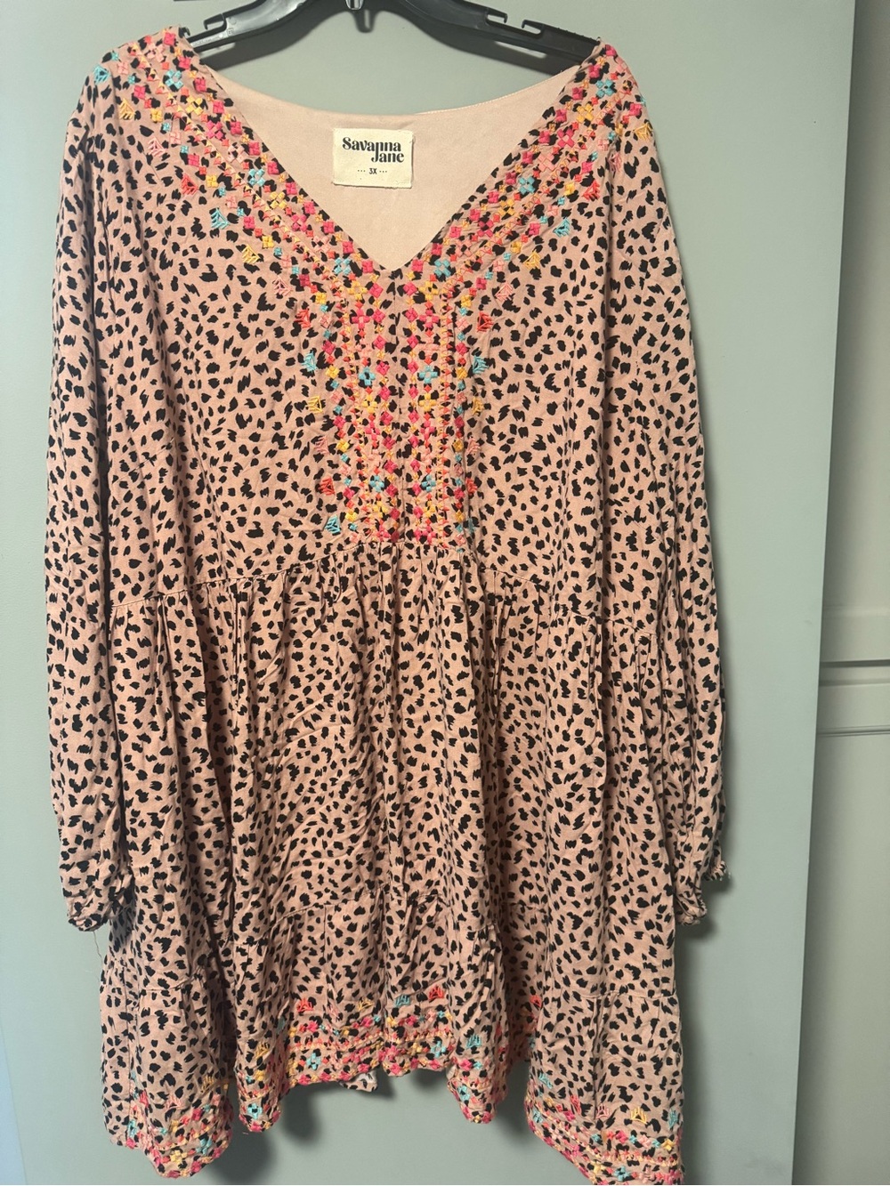 Savanna Jane Pink Leopard-Print Tunic with Multicolor Embroidery
